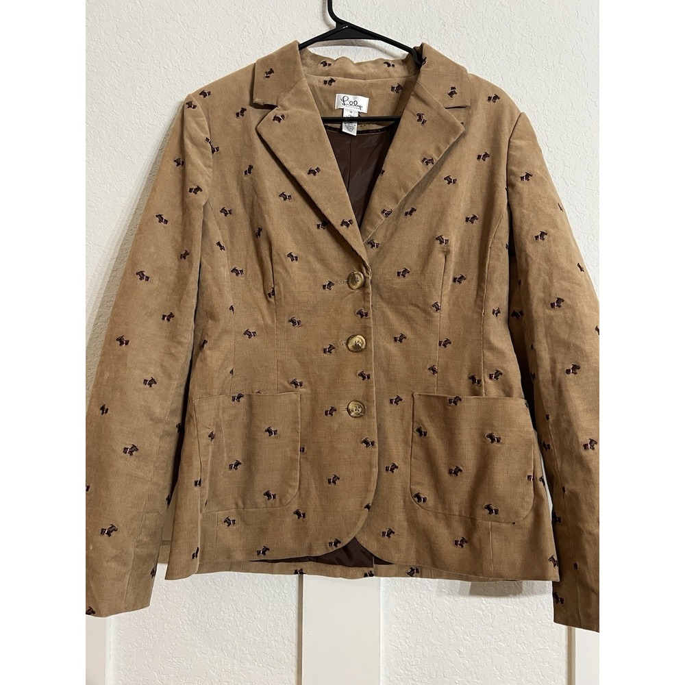 Lilly Pulitzer Size 10 Brown Corduroy Dog Scottie Blazer Jacket Pink Elbow Patch